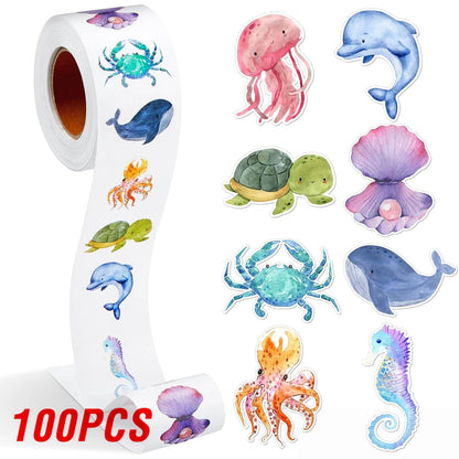 100 Pcs New Cartoon Marine Animal Park Dolphin Stickers for Kids Teacher Reward Encourage Sealing Label Stationery Sticker Positive Cute Kawaii