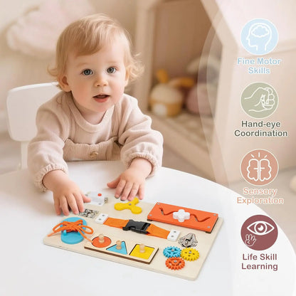 Montessori Busy Board for Toddlers Wooden Activity Sensory Board for Fine Motor Skills Travel Educational Learning Toys for Kid Motricity 
