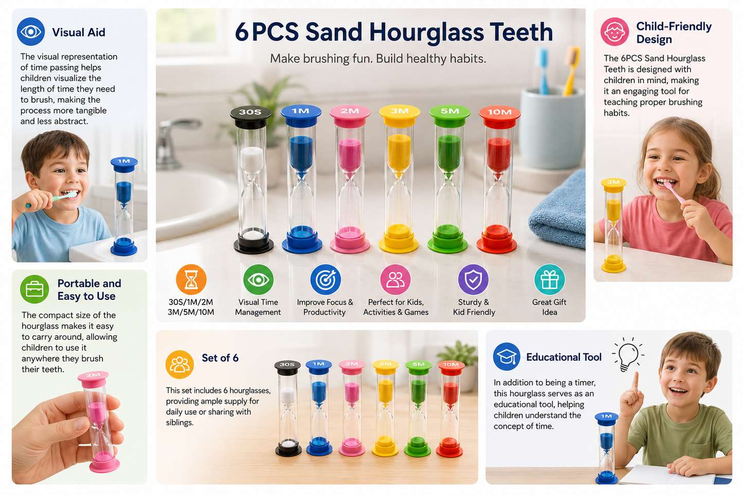 6PCS Sand Hourglass Timer Education School Houseschooling Tool Aids Kids Visual Working Routine Time Learning Autonomy