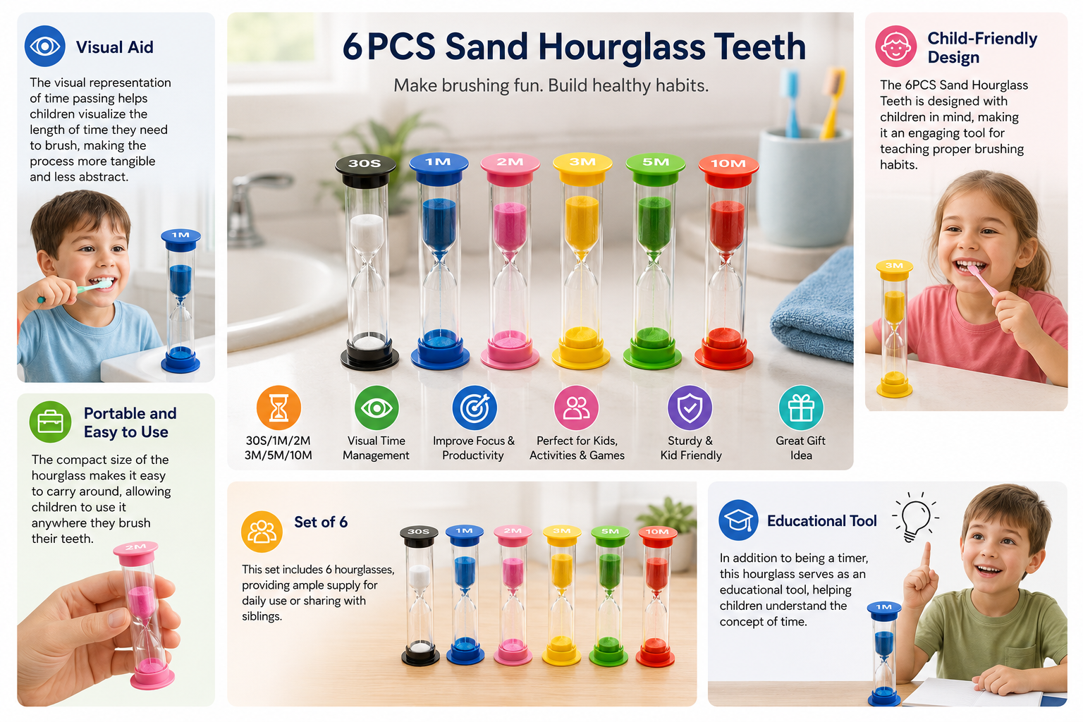 6PCS Sand Hourglass Timer Education School Houseschooling Tool Aids Kids Visual Working Routine Time Learning Autonomy