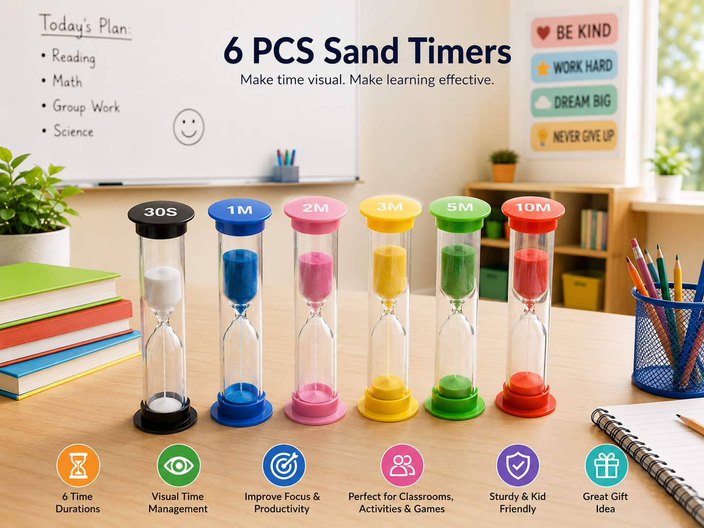 6PCS Sand Hourglass Timer Education School Houseschooling Tool Aids Kids Visual Working Routine Time Learning Autonomy