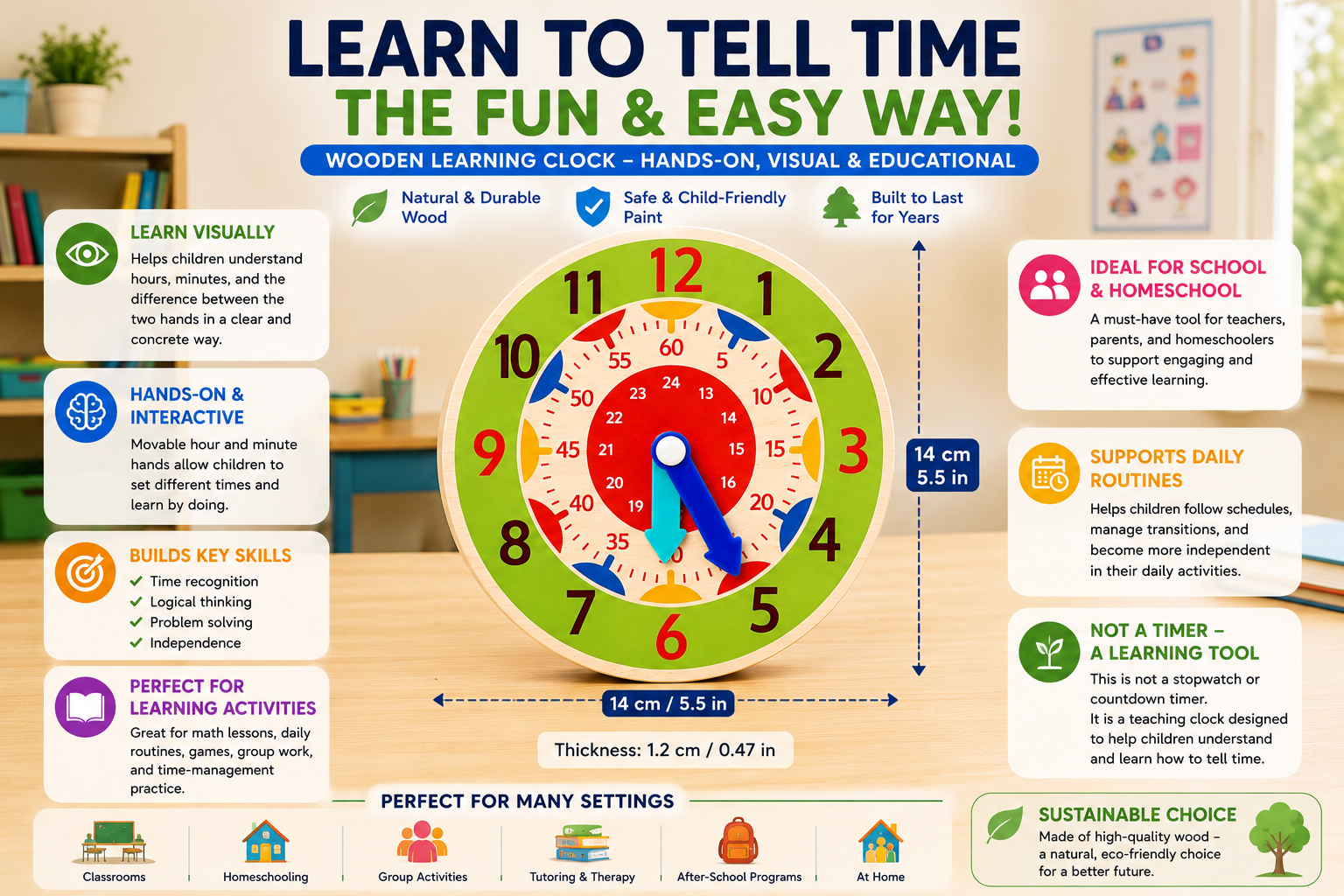 Kids Montessori Wooden Clock Toys Time Learning Teaching Aids Educational Toys for Children Primary School Clever Board Toy