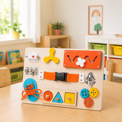 Montessori Busy Board for Toddlers Wooden Activity Sensory Board for Fine Motor Skills Travel Educational Learning Toys for Kid Motricity 