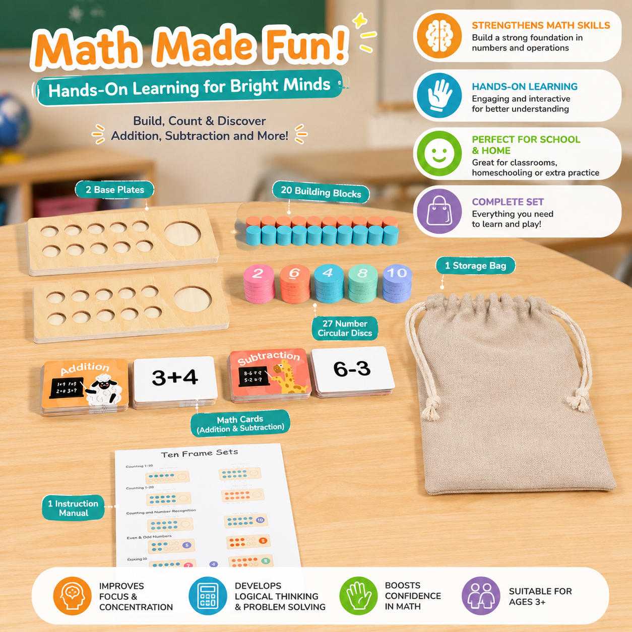 Children'S Wooden Number Board Cognitive Matching Addition Subtraction Operation Montessori Logical Thinking Training Math Toys