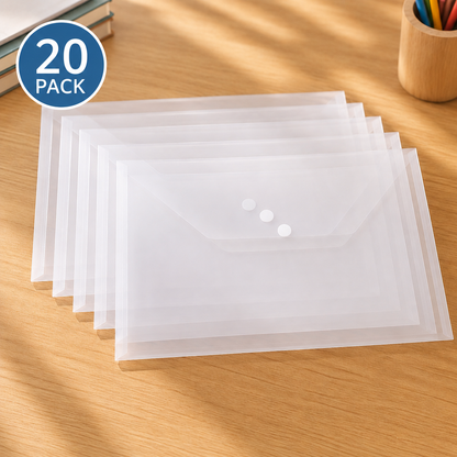 20Pcs Plastic Envelope Transparent Waterproof Reusable File Bag with Buttons A4 Size Student Information Storage Folders New Organize School Houseschool