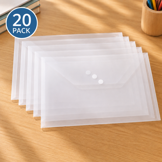 20Pcs Plastic Envelope Transparent Waterproof Reusable File Bag with Buttons A4 Size Student Information Storage Folders New Organize School Houseschool