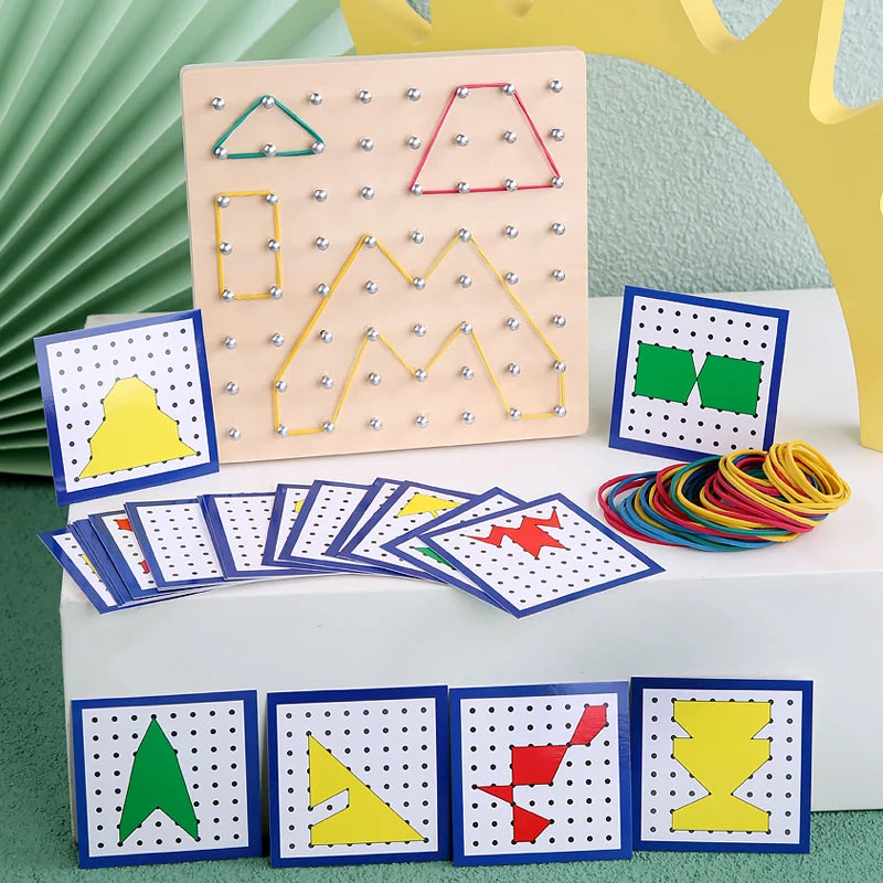Montessori Toddler Kid Creative Toy Graphics Rubber Tie Nail Boards with Cards Childhood Education Preschool Kids Kindergarten Young Geometry