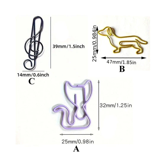 20 Pcs Metal Paper Clips Cat Dog Musical Notes Assorted Color Paperclips Bookmark Teacher Students Office Supplies Cute Kawaii Organization Clips Usefull