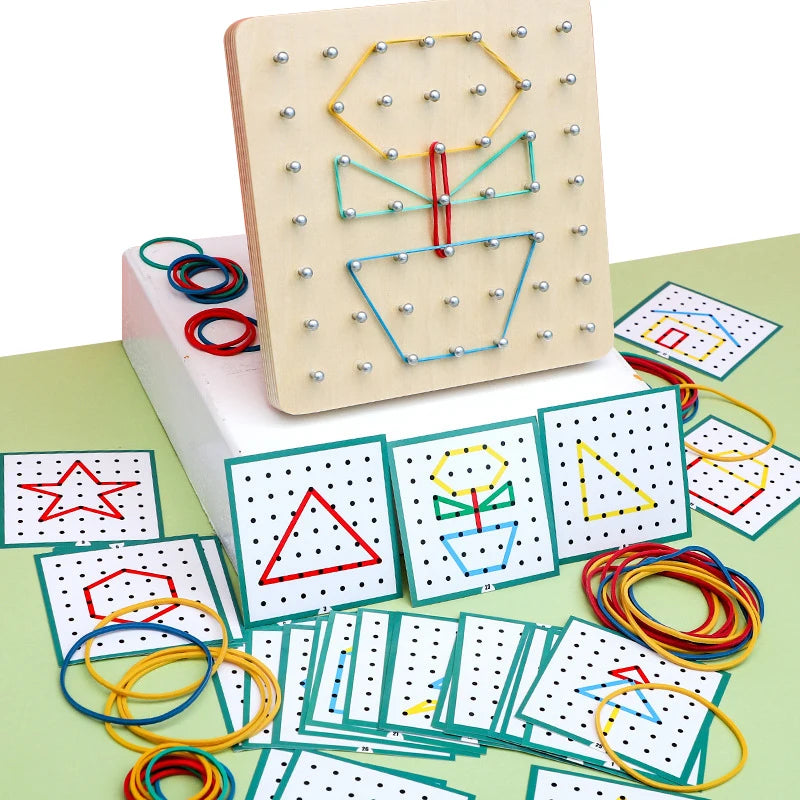Montessori Toddler Kid Creative Toy Graphics Rubber Tie Nail Boards with Cards Childhood Education Preschool Kids Kindergarten Young Geometry