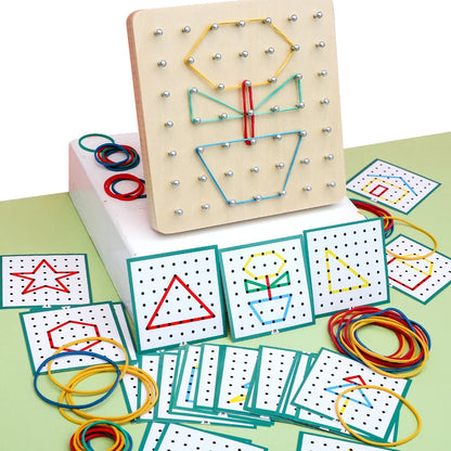 Montessori Toddler Kid Creative Toy Graphics Rubber Tie Nail Boards with Cards Childhood Education Preschool Kids Kindergarten Young Geometry