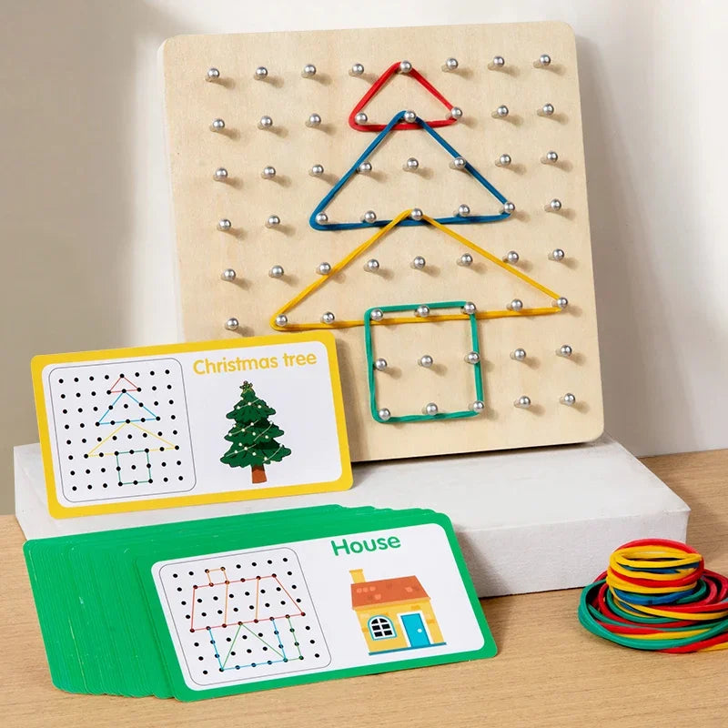 Montessori Toddler Kid Creative Toy Graphics Rubber Tie Nail Boards with Cards Childhood Education Preschool Kids Kindergarten Young Geometry