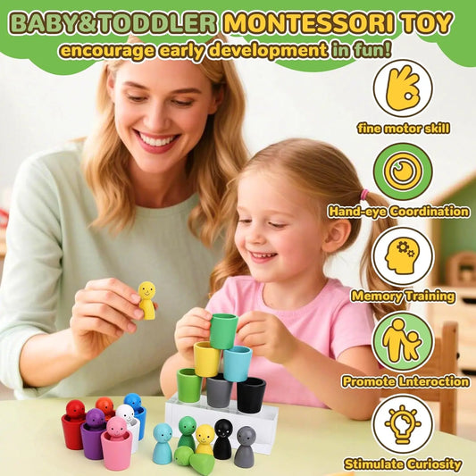 Montessori Color Sorting Toys Color Matching Sensory Game Wooden Peg Dolls in Cups Early Education Learning Toys for Toddler 3+ Kindergarten Houseschooling Motricity Matching